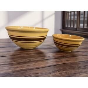 Antique Weller Yellow Ware Mixing Bowl Set 10” & 7.25” Signed Primitive Kitchen